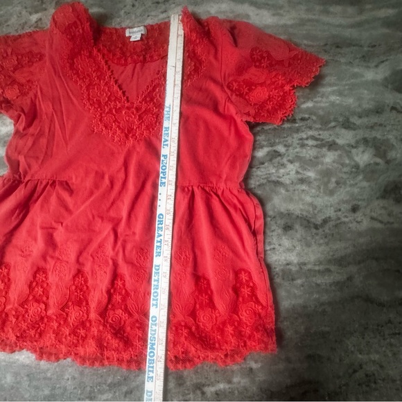 Sundance Crochet Lace Peasant Top Short Sleeve Womens Medium Coral Floral (L1) - Picture 7 of 10